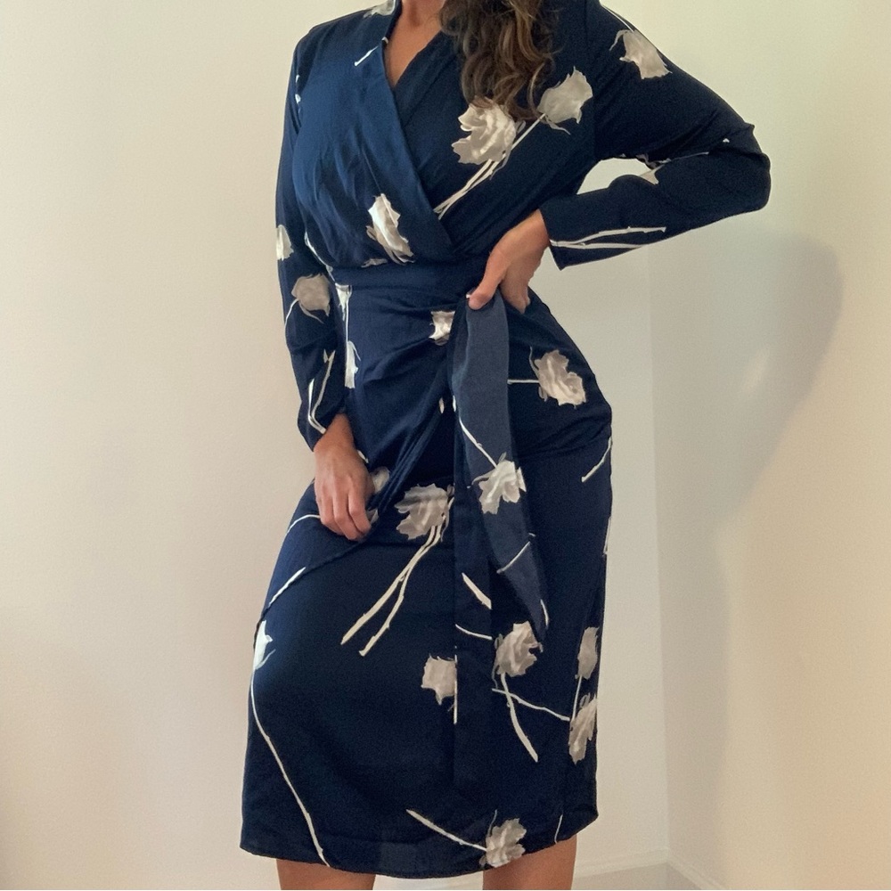 Satin Navy Floral Faux Wrap Dress